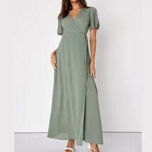 Lulu's Large Much Obliged Washed Olive Green Wrap Maxi Dress